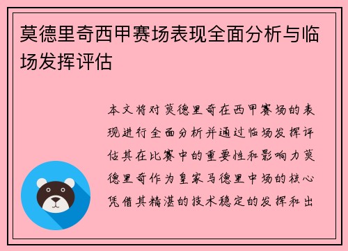 莫德里奇西甲赛场表现全面分析与临场发挥评估